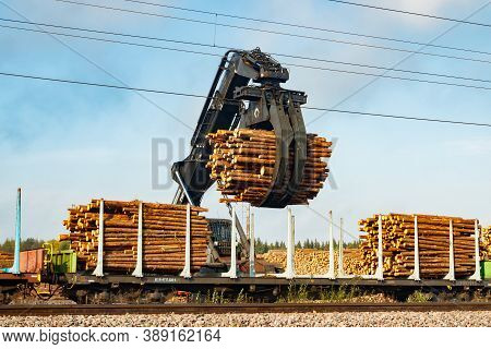 Kouvola, Finland - 24 September 2020: Unloading Of Timber From Railway Carriages At Paper Mill Stora