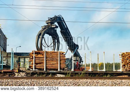 Kouvola, Finland - 24 September 2020: Unloading Of Timber From Railway Carriages At Paper Mill Stora