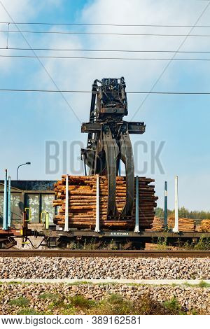 Kouvola, Finland - 24 September 2020: Unloading Of Timber From Railway Carriages At Paper Mill Stora