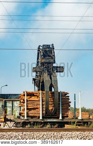 Kouvola, Finland - 24 September 2020: Unloading Of Timber From Railway Carriages At Paper Mill Stora