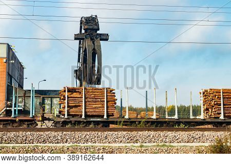 Kouvola, Finland - 24 September 2020: Unloading Of Timber From Railway Carriages At Paper Mill Stora