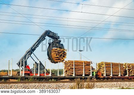 Kouvola, Finland - 24 September 2020: Unloading Of Timber From Railway Carriages At Paper Mill Stora