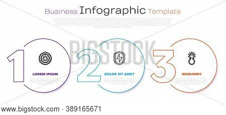 Set Line Solar System, Secure Shield With Lightning And Test Tube And Flask. Business Infographic Te