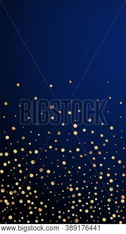 Festive Pleasant Confetti. Celebration Stars. Sparse Gold Confetti On Dark Blue Background. Graceful