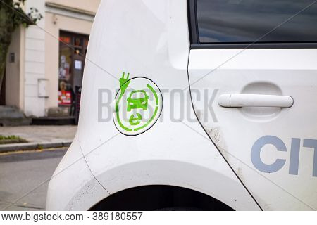Odry, Czech Republic - October 7, 2020: The Charging Port Of The Skoda Citigo Iv Electric Mini Car