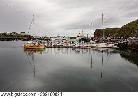 Stykkisholmur, Iceland - July 9, 2014: Harbour With Ships And Vessels In Stykkisholmur City On The N