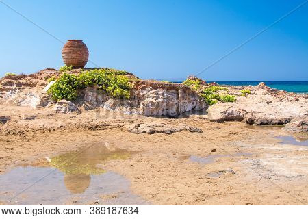Sea Coast And Beach With Rocks, Rocky Coastline, Blue Sea,greek Vase