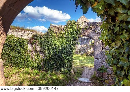 Hohenurach Castle In Old Town Of Bad Urach, Germany. Overgrown With Ivy Ruins Of This Medieval Castl