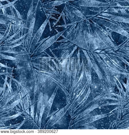 Tropical Seamless Pattern.  Fashion Hand Drawn Texture. Blue Galaxy Background. Tropical Seamless Pa