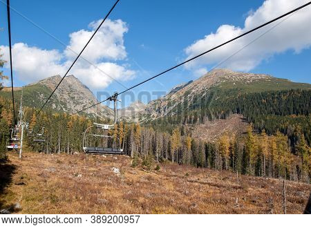 Strbskie Pleso, Slovakia - October 10, 2018: Chairlift From Strbske Pleso To Solisko In The High Tat