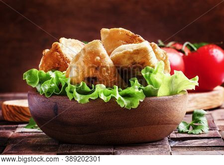 Homemade Fried Little Pies With Meat In A Bowl, Vintage Wooden Background, Rustic Style, Selective F