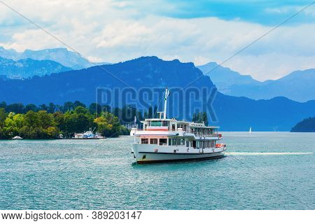 Tourist Cruise Boat On Lucerne Lake Near Lucerne Or Luzern City In Central Switzerland