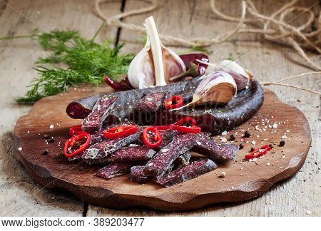Sliced Smoked Sausage With Garlic And Pepper, Selective Focus