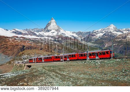 Train Near The Gornergrat Bahn Railway, A Mountain Rack Railway Near Zermatt Town In The Valais Cant