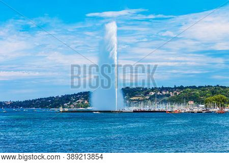 The Jet Deau Or Water Jet Is A Large Fountain In Geneva City In Switzerland