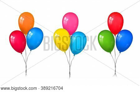 Balloons 3d Bunch Set, Thread, Isolated White Background. Color Glossy Flying Baloon, Ribbon, Birthd
