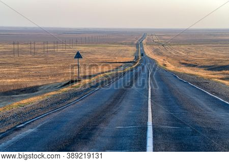 Straight Long Steppe Road In Zag, Kalmykia