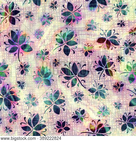 Blurry Rainbow Glitch Artistic Foliage Texture Background. Irregular Bleeding Watercolor Tie Dye Sea