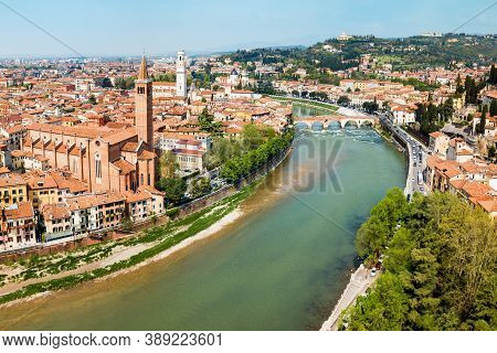 Santa Anastasia Church And Verona Cathedral Aerial Panoramic View In Verona, Veneto Region In Italy