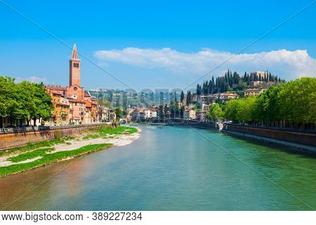 Santa Anastasia Church Aerial Panoramic View In Verona, Veneto Region In Italy