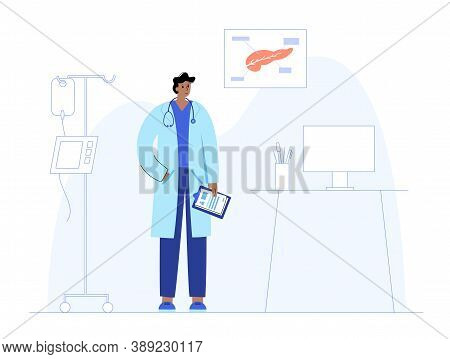 Human Pancreas Concept. Gastrointestinal Clinic. Doctor Gastroenterologist Appointment, Treatment, P