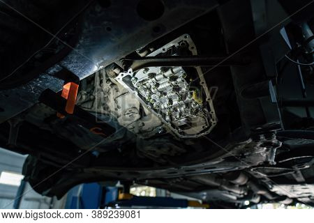Cvt Gearbox Close Up, Changing Oil In Modern Automatic Transmission On Suv In Car Service.