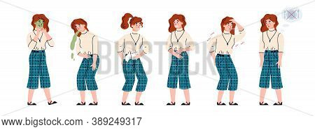 Woman With Symptoms Of Food Poisoning. Set Of Female Characters With Stomach Diseases - Diarrhea And
