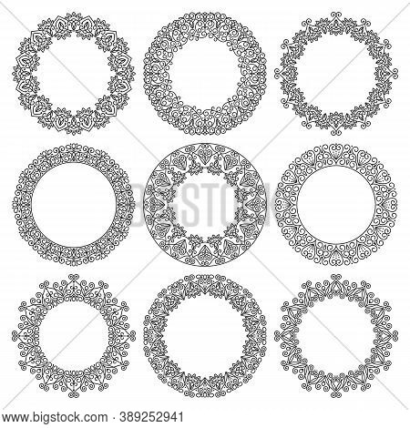 Vector Set Of Round Frames. Beautiful Elegant Abstract Floral Ornament. 
Modern Linear Design, Fancy