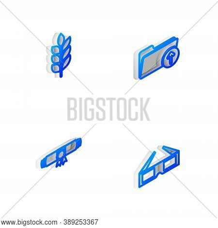 Set Isometric Line Download Arrow With Folder, Wheat, Diploma Rolled Scroll And 3d Cinema Glasses Ic