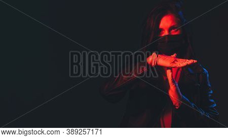 Time Up. Pandemic Restriction. Covid-19 Outbreak. Tired Woman In Black Protective Face Mask Gloves I
