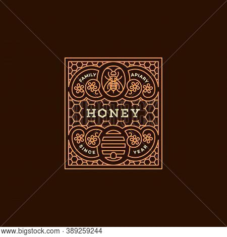 Label Design Tamplate In Trendy Linear Style For Honey Packaging Witn Floral Ornament, Bee And Beehi