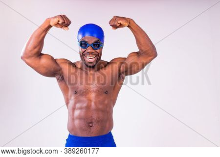 African American Man Trainer Has Wet Muscular Body, Being In Good Mood After Swimming And Diving