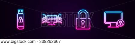 Set Line Usb Flash Drive With Lock, Computer Api Interface, Lock And On Monitor. Glowing Neon Icon. 