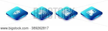 Set Isometric Line Retro Wall Watch, Wifi Locked, Server Security With And Document And Icon. Vector