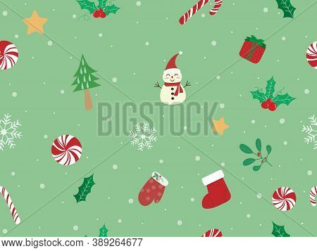 Sweet And Beautiful Christmas Seamless Pattern Background. Christmas Background With Candy Cane, Mis