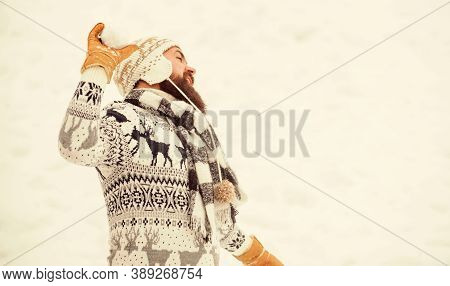 Happy Holiday. Bearded Man In Warm Clothes. Happy New Year. Winter Season. Christmas Snow Activity. 