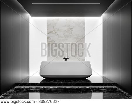 Minimal Style Black And White Bathroom 3d Render,there Are Black Marble Floor And Black Panel Wall D