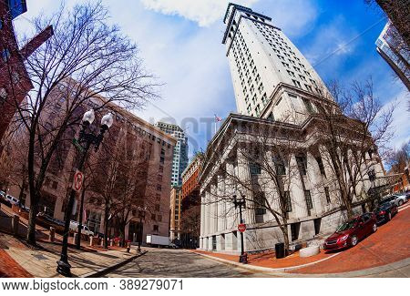 Central Street Buildings And Jenney Plaza In Boston Downtown Massachusetts, Usa