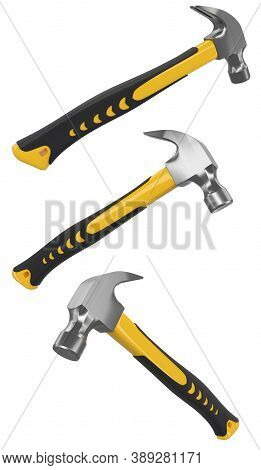 Set Of Black And Yellow Hammers With A Rubberized Handle Isolated On White With Clipping Path. 3d Re