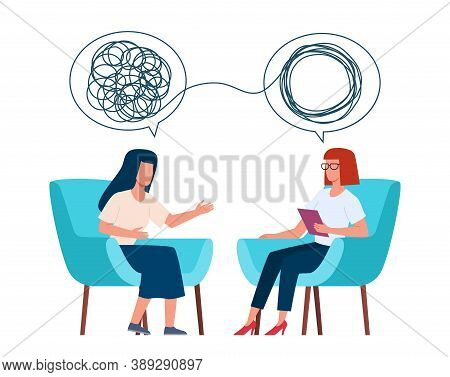 Psychotherapy Concept. Psychologist And Patient With Tangled And Untangled Mind Metaphor, Doctor Sol