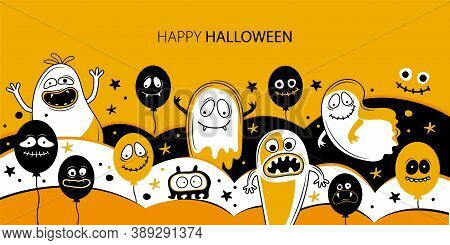 Horizontal Banner Template For Happy Halloween. Balloons With Creepy Faces, Jaws, Teeth And Open Mou