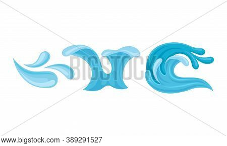 Blue Curved Water Splashes With Drops Vector Set