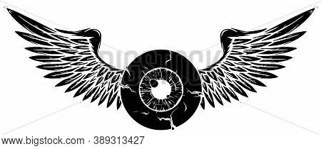 Tattoo Design Of A Flying Eyeball With Wings. Black Silhouette
