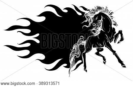 Vector Beautiful Fiery Horse Black Silhouette Isolated On White