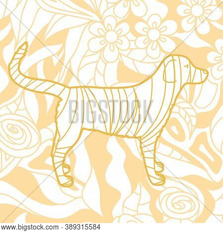 Square Pattern. Hand Drawn Lined Dog. Design For Spiritual Relaxation For Adults. Print For Design