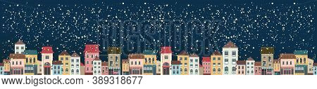 Horizontal Panoramic Banner, Snowy City Landscape, Christmas Night City, Panoramic View, Vector Illu