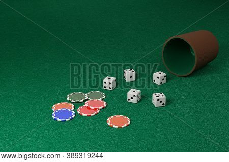 Dice And Dice Cup And Chips On A Green Cloth. 3d Illustration.