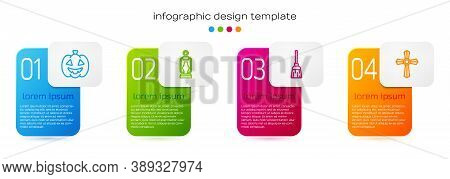 Set Line Pumpkin, Camping Lantern, Witches Broom And Tombstone With Cross. Business Infographic Temp