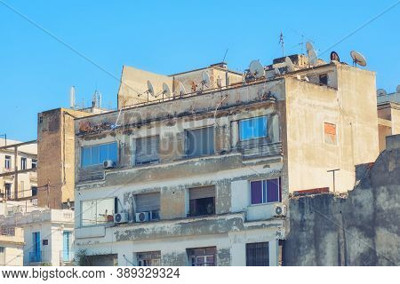 Old House In The Center Of Tunis, A Dilapidated House With Antennas In The Capital Tunisia