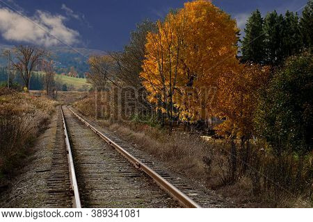 Train Track In Caledon, Ontario, Canada, In The Fall Season